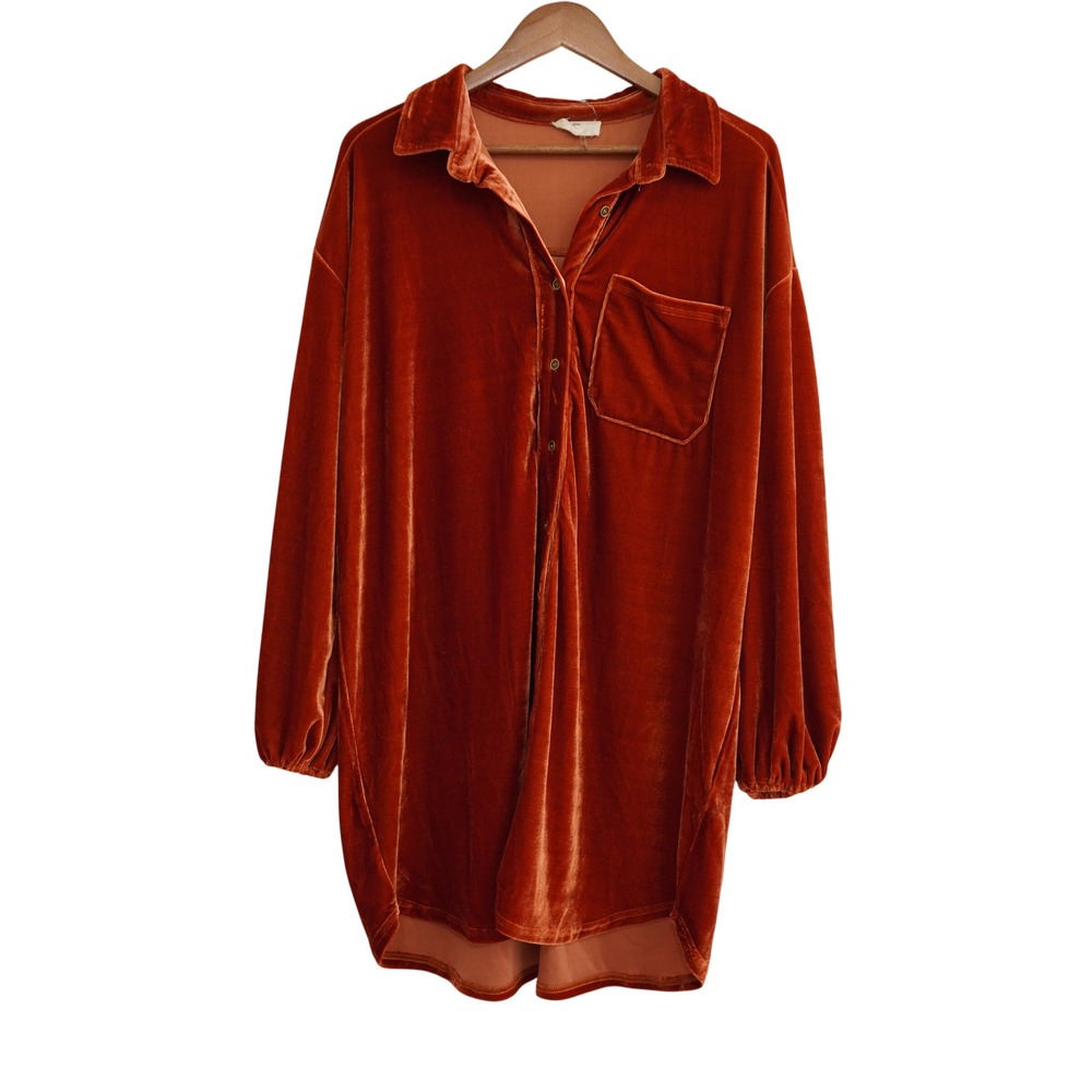 Entro Women's Medium Rust Orange Velvet Button Down Tunic Balloon Sleeve Dress
